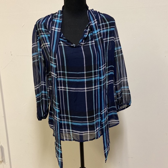 New York & Company - Plaid V-Neck Blouse with Sheer Bow Accent (NWT) - Picture 2 of 5